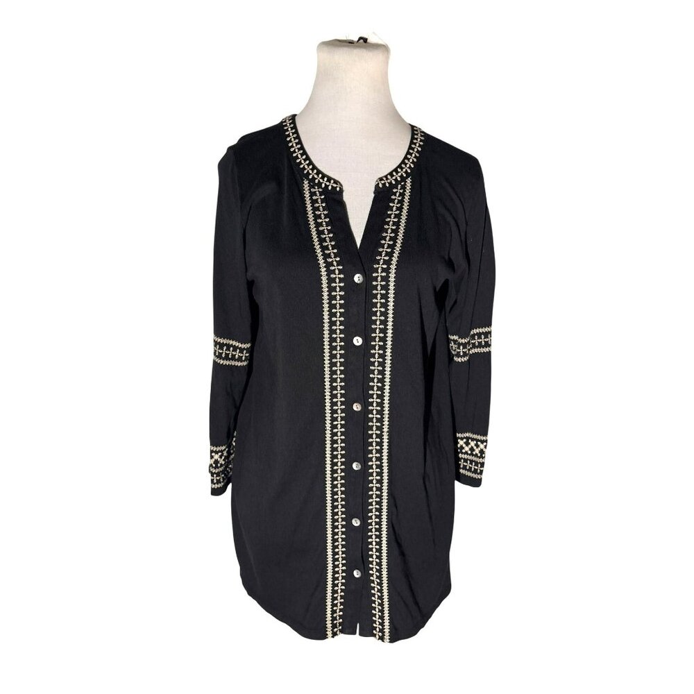 J. Jill Black Embroidered Button-Front Over-Sized Tunic With 3/4 Sleeves Size S